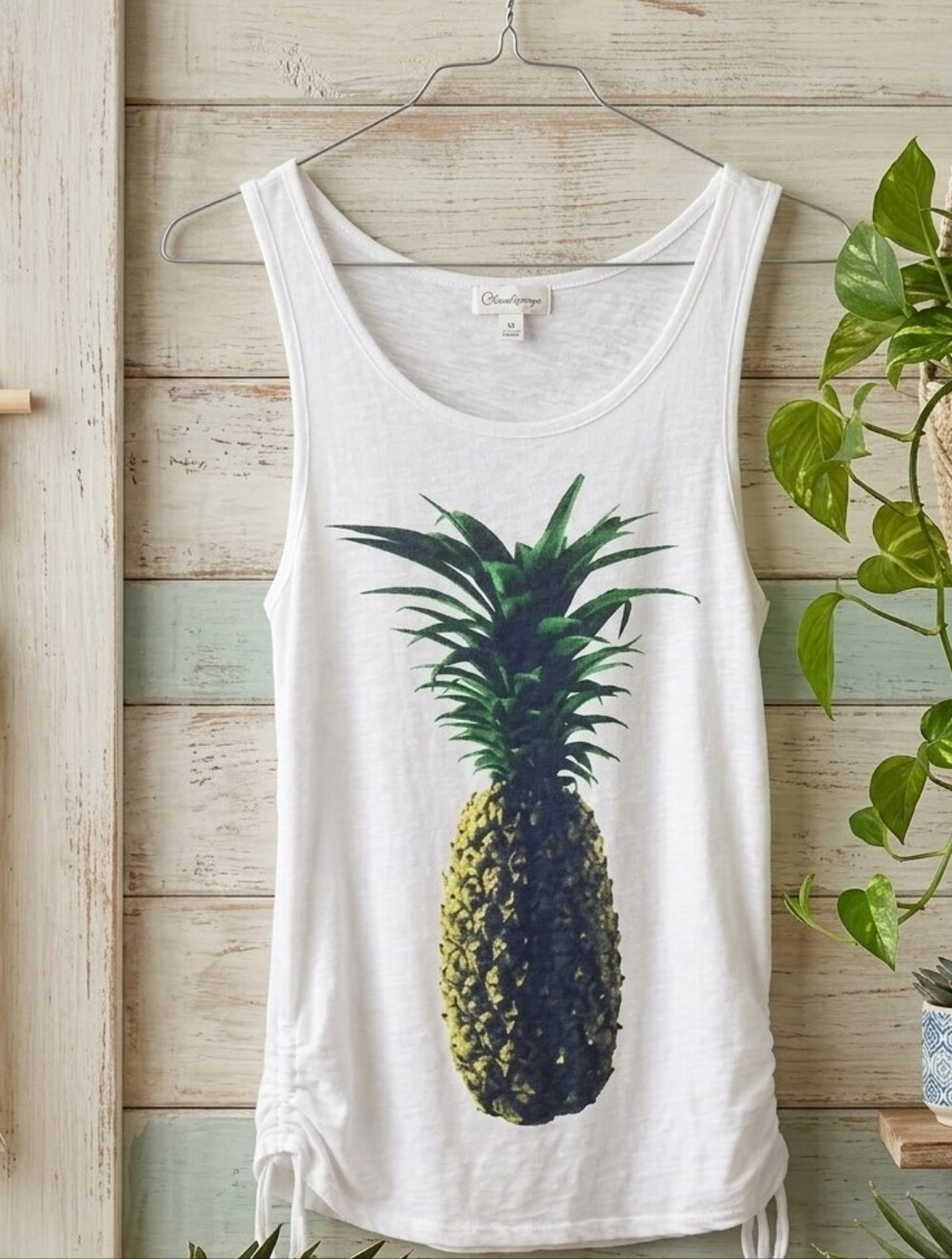 Olsenboye Pineapple Graphic Tank Top Women’s XS White Adjustable Side